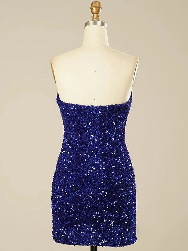 Sheath Sweetheart Sleeveless Short Velvet Sequin Prom Dress (AF1044)