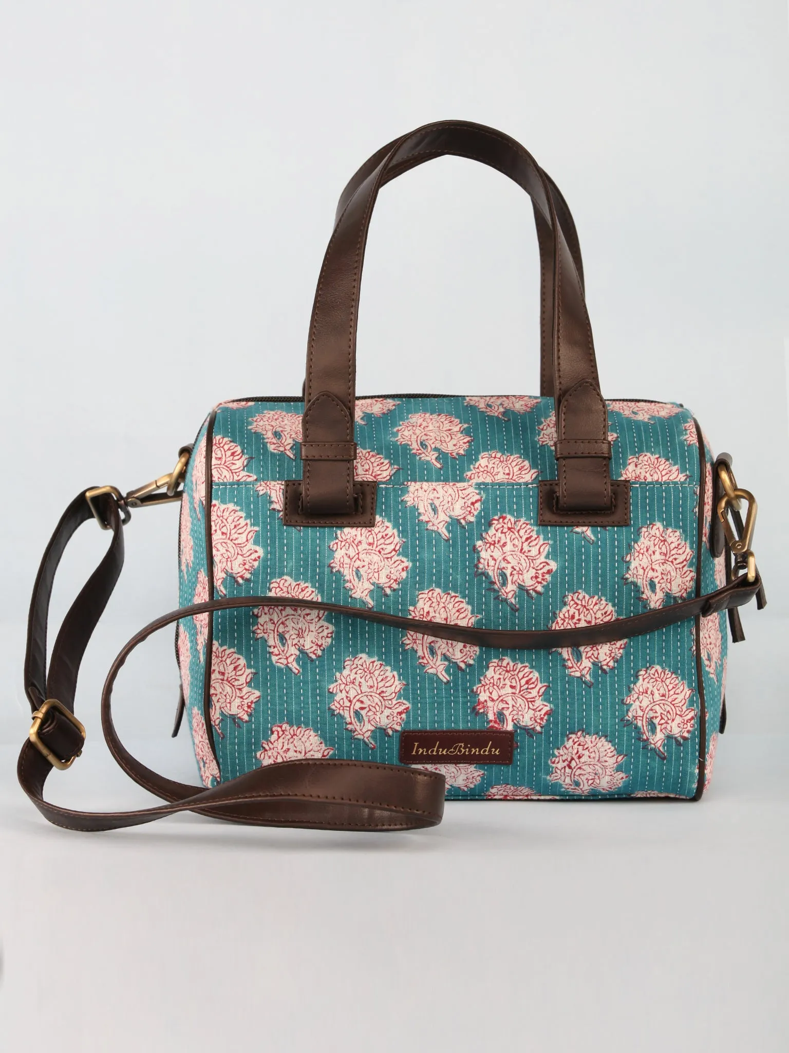 Sky Blue White Hand Block Printed Bucket Style Hand Bag - B11101