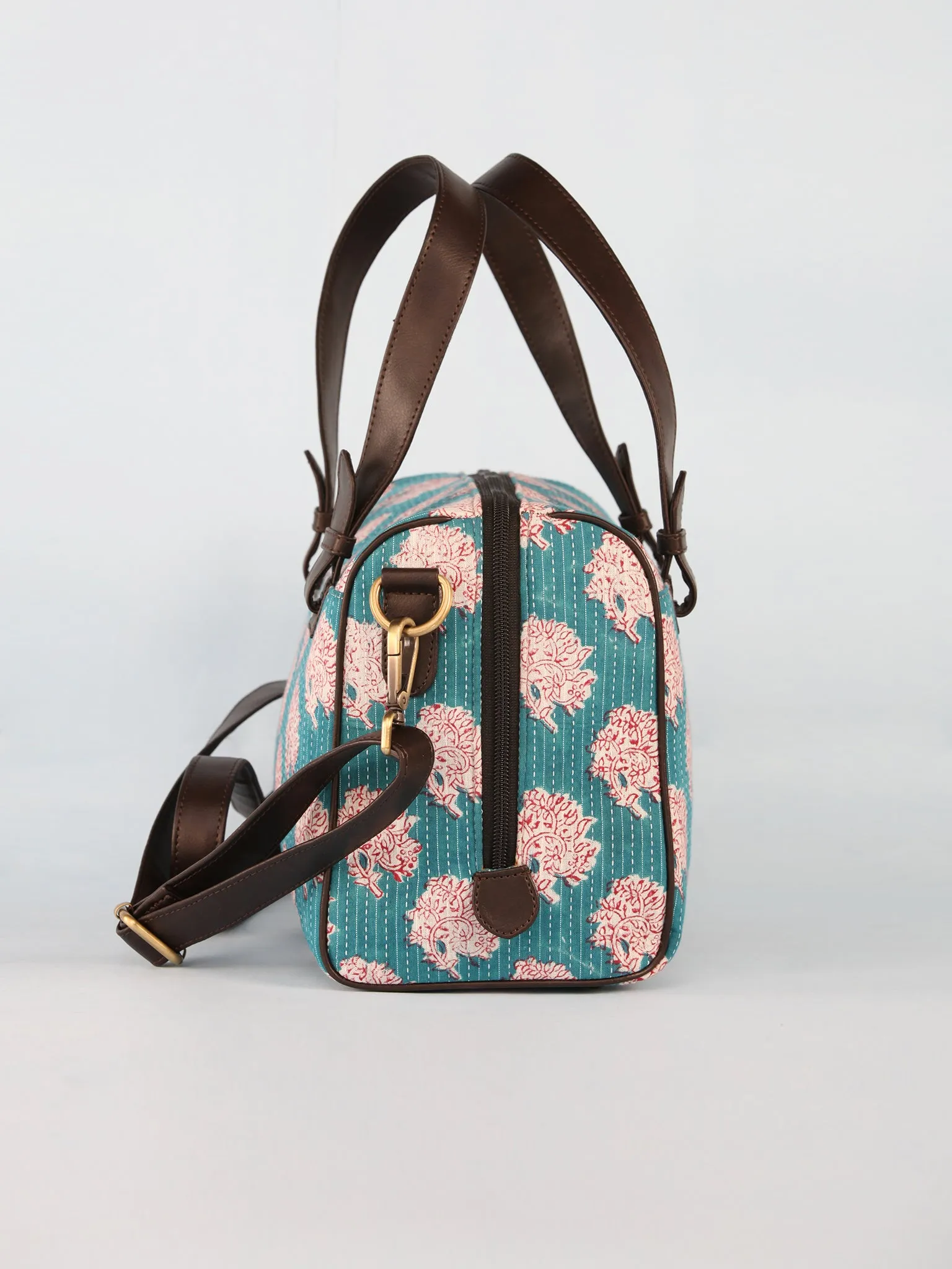 Sky Blue White Hand Block Printed Bucket Style Hand Bag - B11101