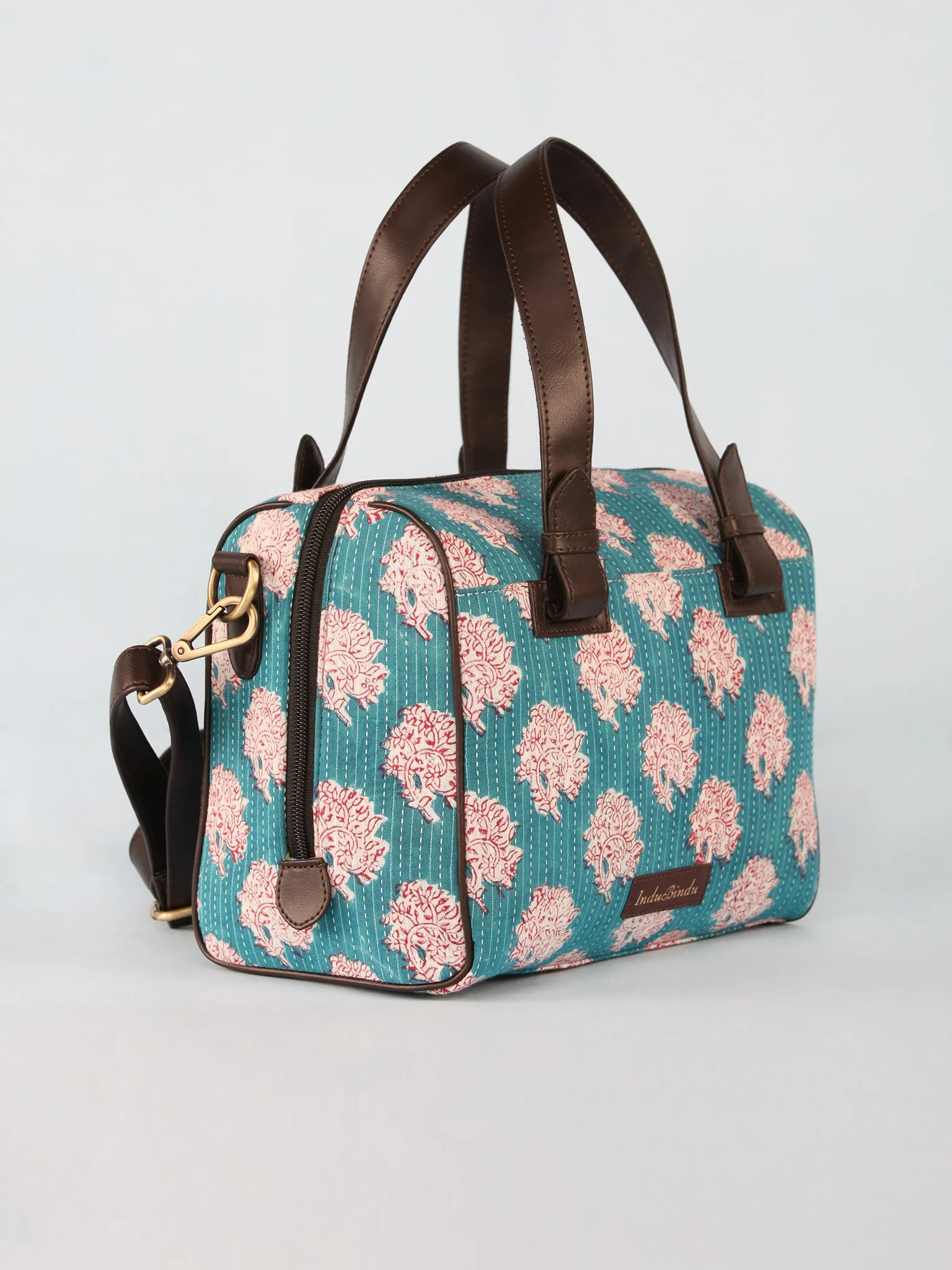 Sky Blue White Hand Block Printed Bucket Style Hand Bag - B11101