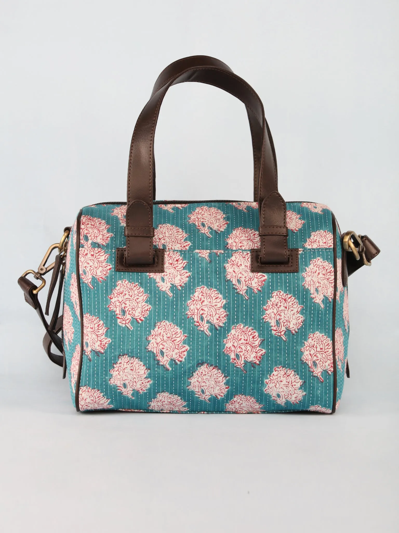 Sky Blue White Hand Block Printed Bucket Style Hand Bag - B11101