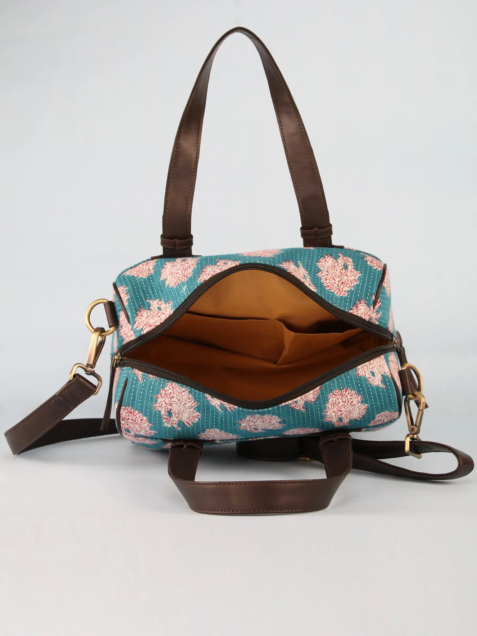 Sky Blue White Hand Block Printed Bucket Style Hand Bag - B11101