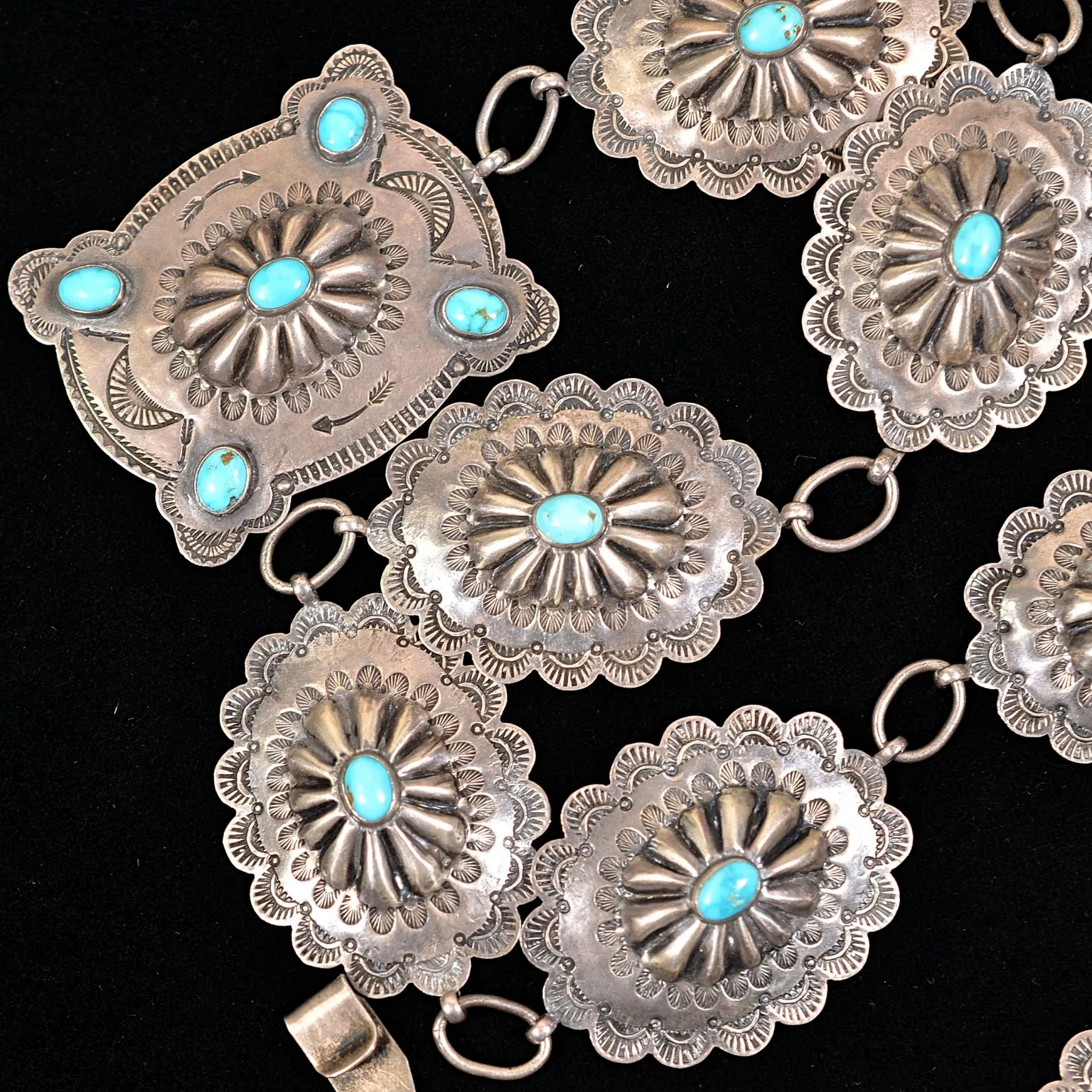 SOLD Vintage 1930s Navajo Native American Silver Turquoise Repousse Concho Belt 143.7 Grams