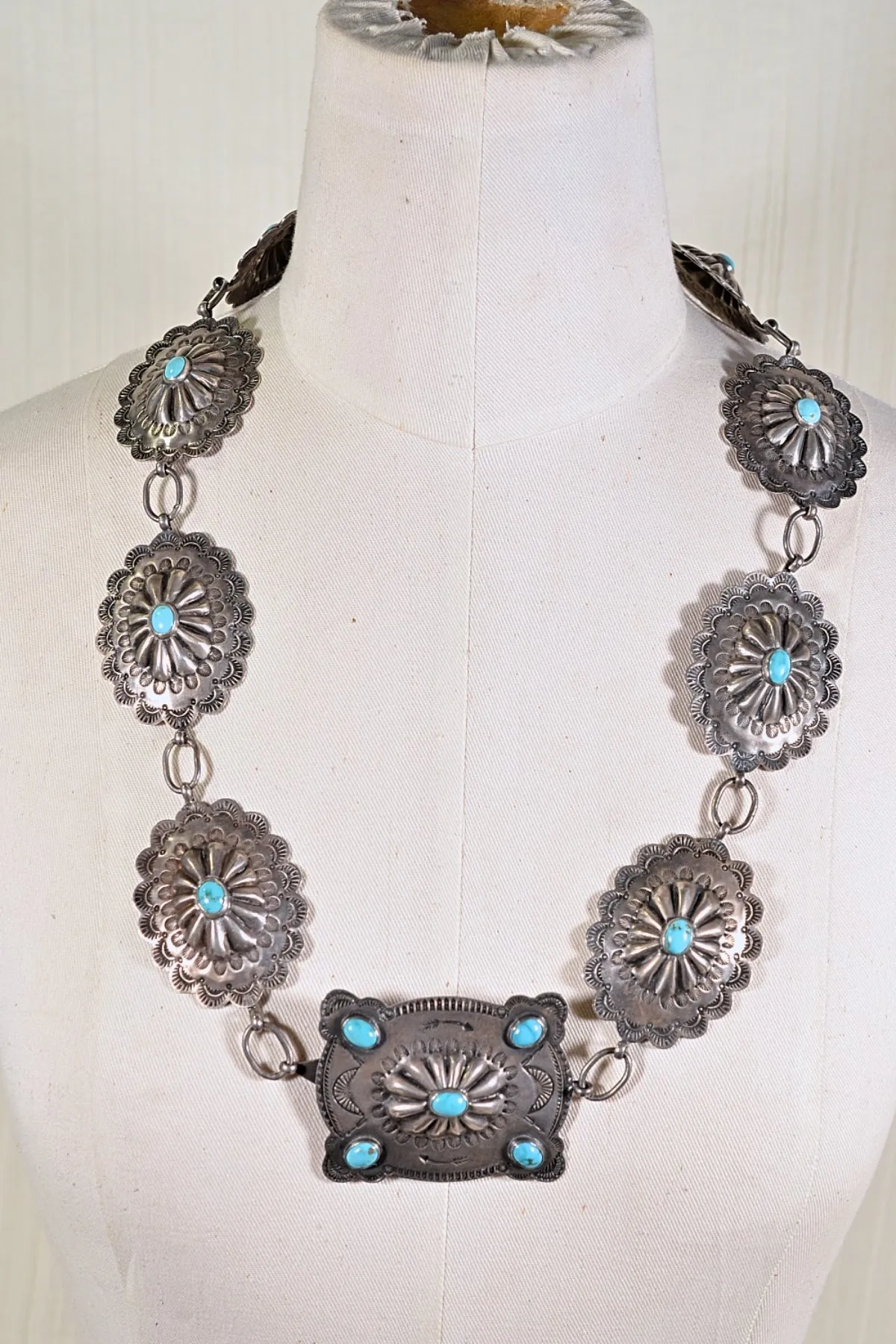 SOLD Vintage 1930s Navajo Native American Silver Turquoise Repousse Concho Belt 143.7 Grams