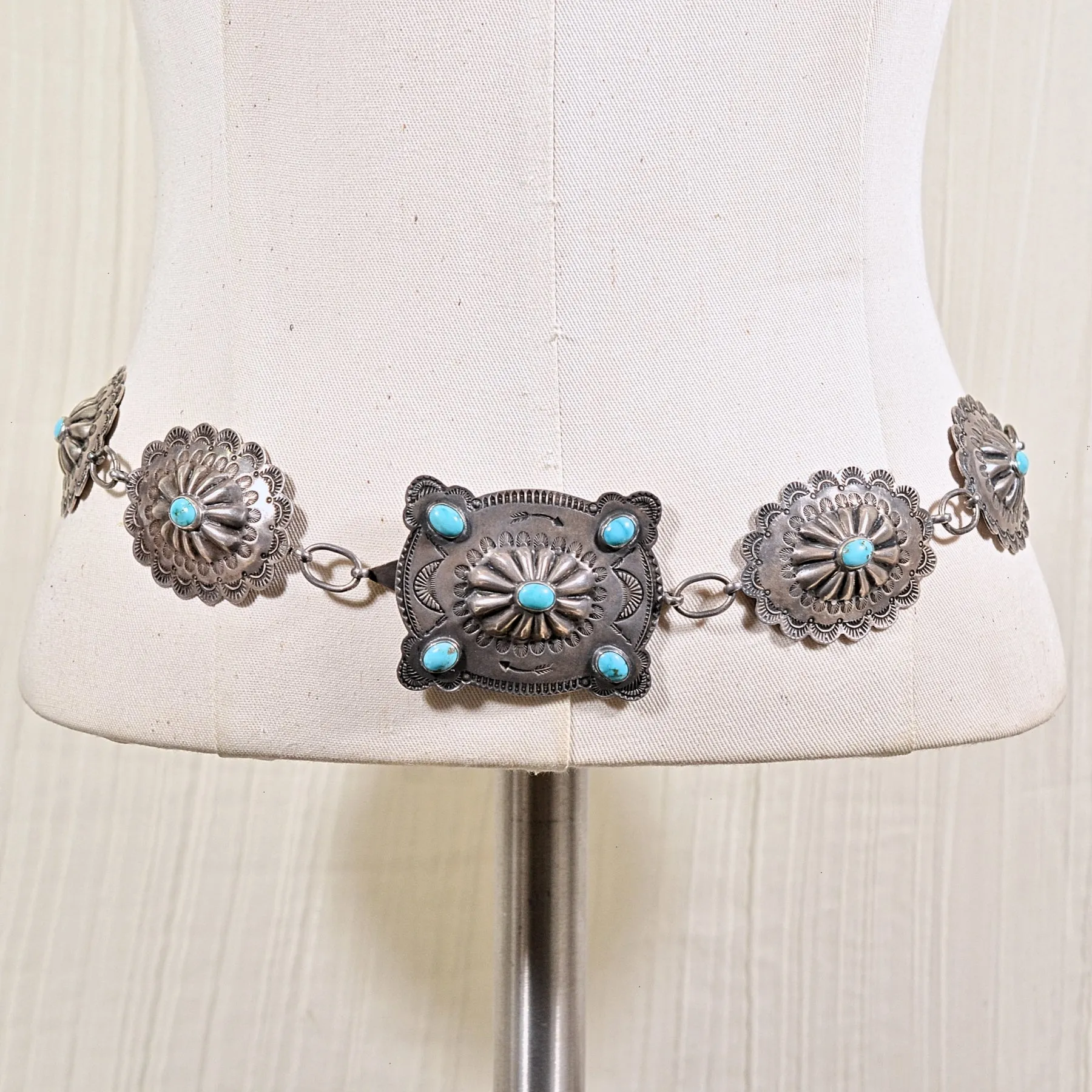 SOLD Vintage 1930s Navajo Native American Silver Turquoise Repousse Concho Belt 143.7 Grams