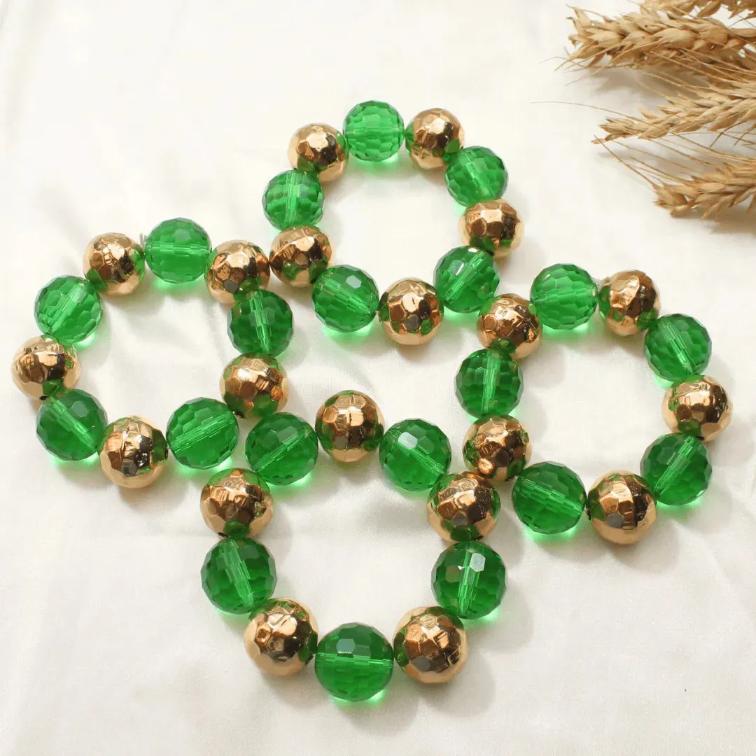 TFC Bold And Green Crystal Beads Gold Plated Stacked Bracelet (Set of 4)