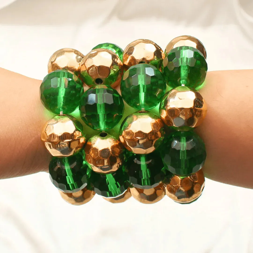 TFC Bold And Green Crystal Beads Gold Plated Stacked Bracelet (Set of 4)