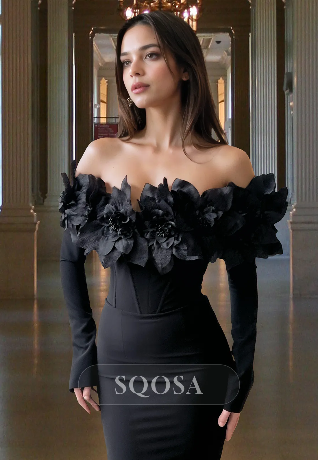 Tube Top Long-Sleeves Beaded Evening Gowns Off-Shoulder Floral Embossed Mermaid Prom Dress