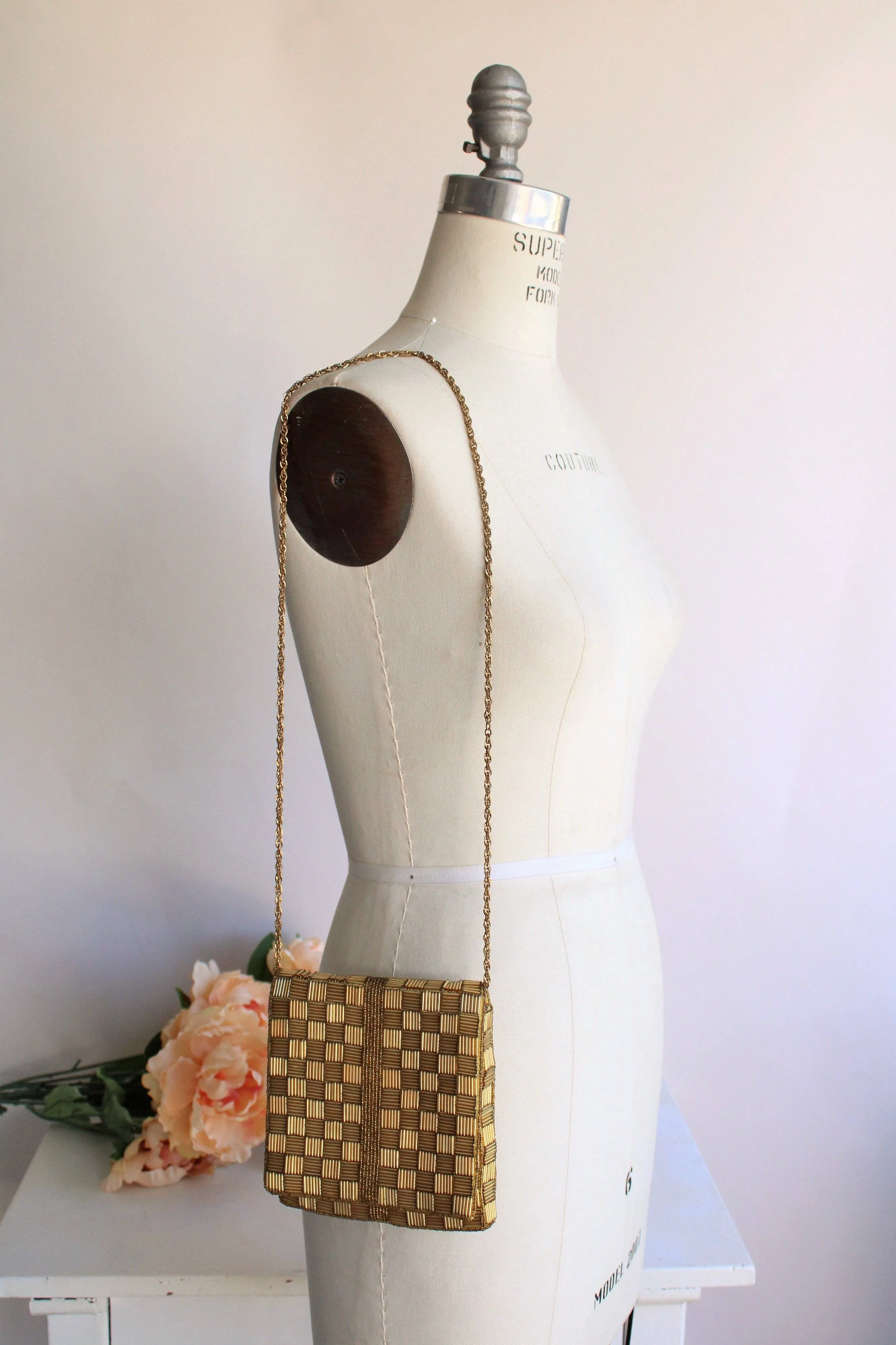 Vintage 1960s Gold Beaded Purse, Walborg Made In Hong Kong