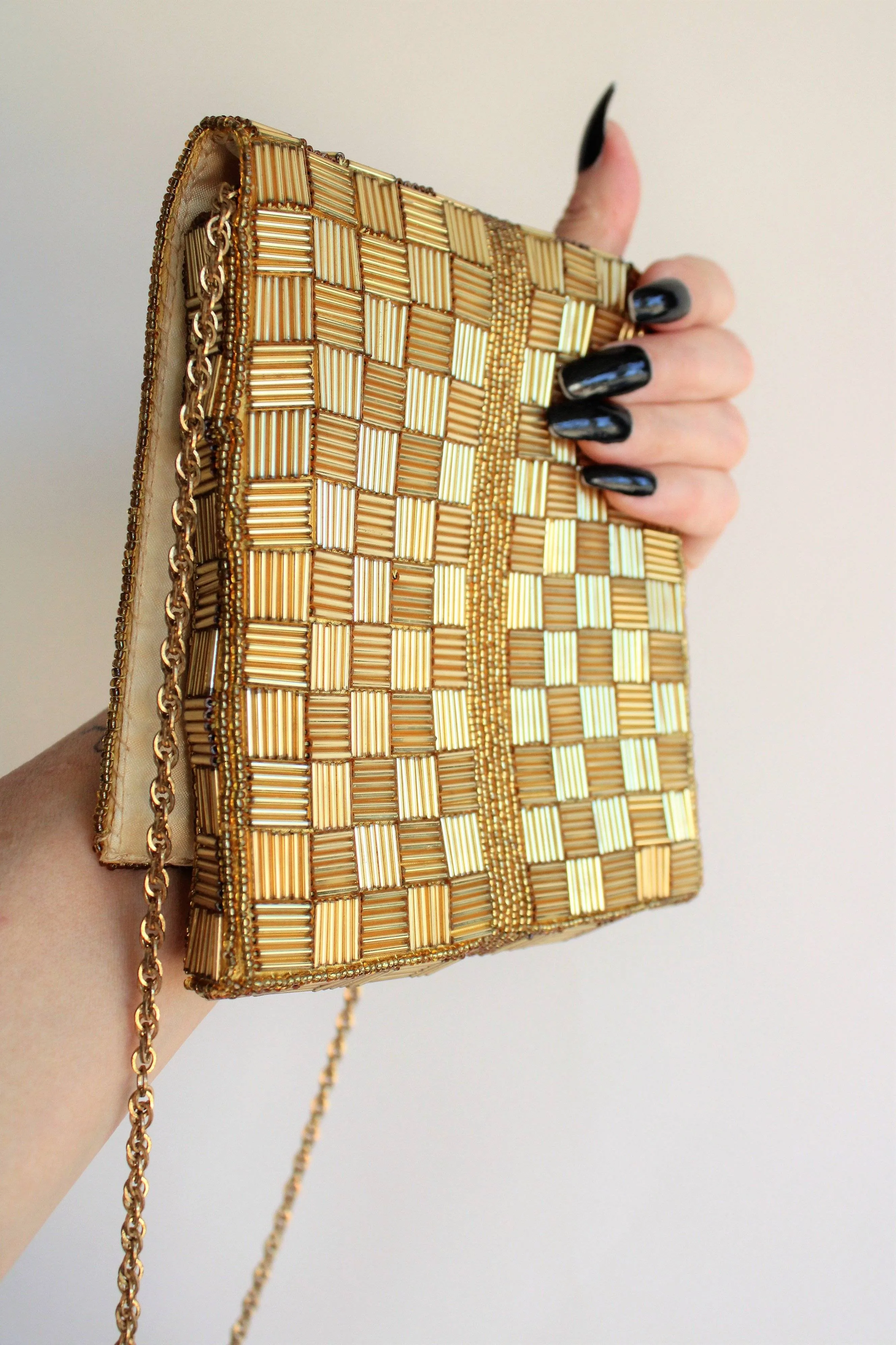 Vintage 1960s Gold Beaded Purse, Walborg Made In Hong Kong