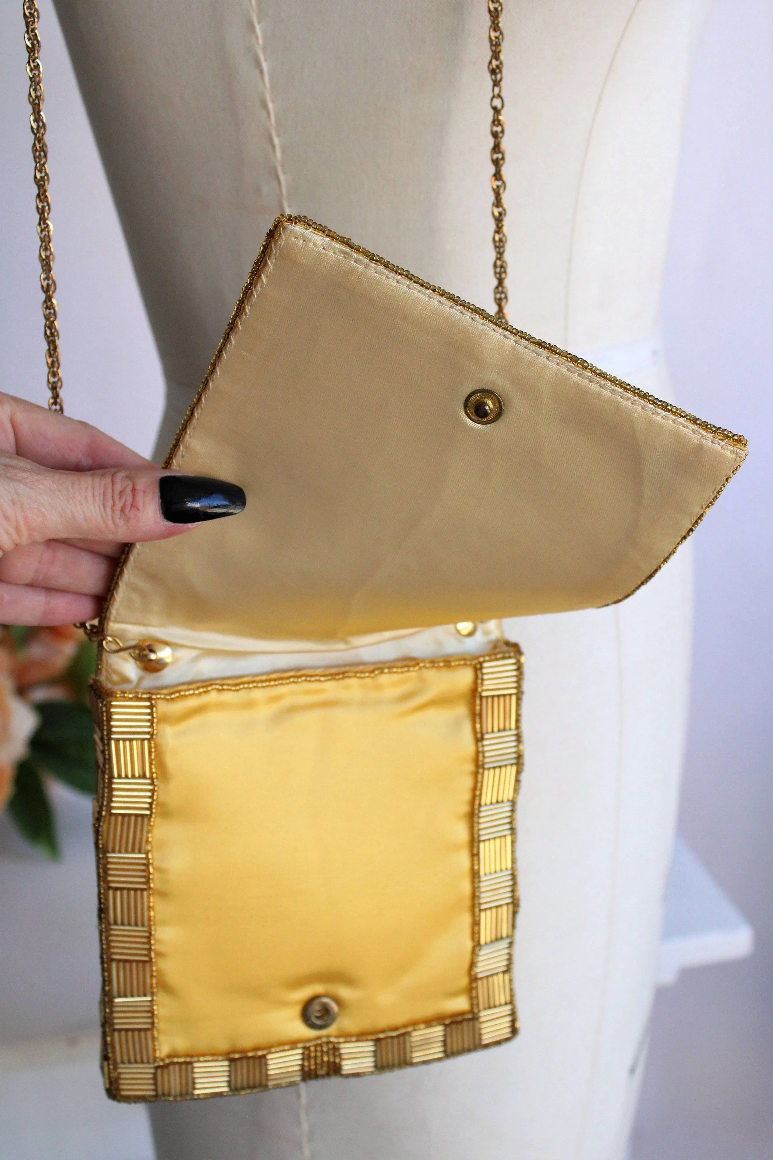 Vintage 1960s Gold Beaded Purse, Walborg Made In Hong Kong