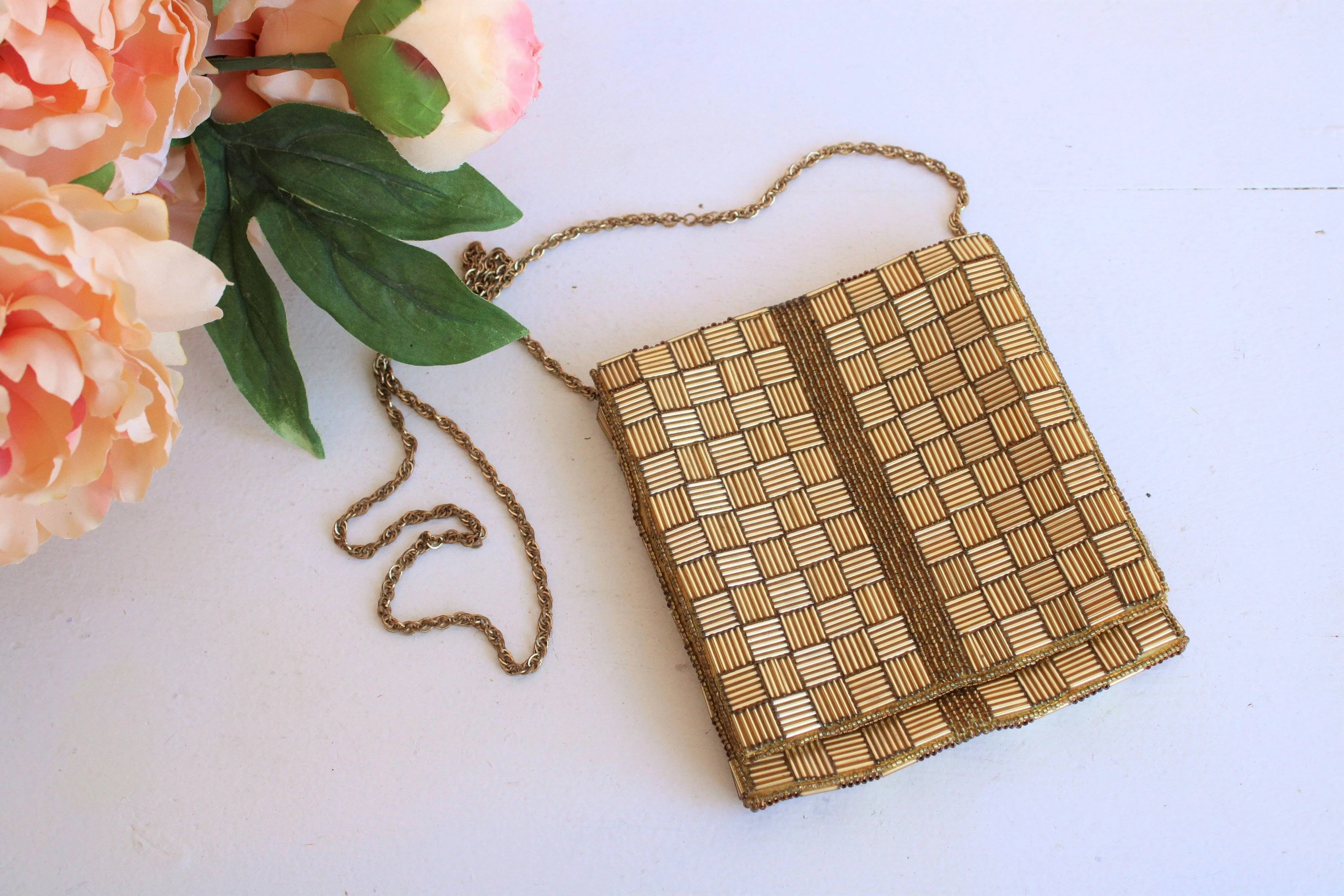 Vintage 1960s Gold Beaded Purse, Walborg Made In Hong Kong