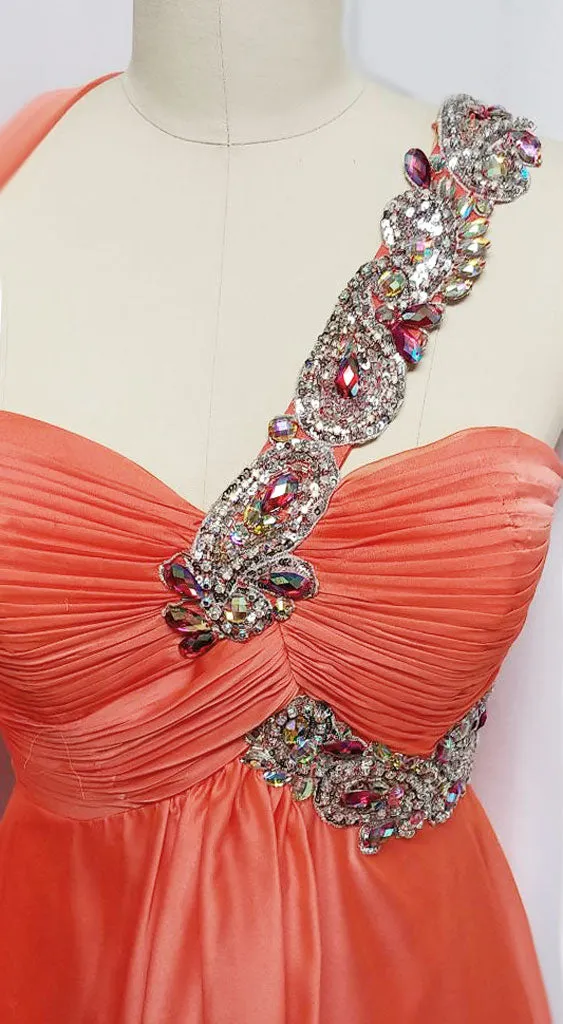 *VINTAGE GLAMOROUS NITE MOVES SPARKLING JEWELED, SEQUIN & BEADED ONE SHOULDER GODDESS EVENING GOWN IN TANGERINE