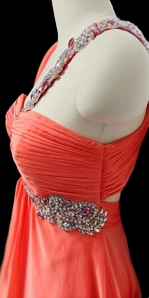 *VINTAGE GLAMOROUS NITE MOVES SPARKLING JEWELED, SEQUIN & BEADED ONE SHOULDER GODDESS EVENING GOWN IN TANGERINE