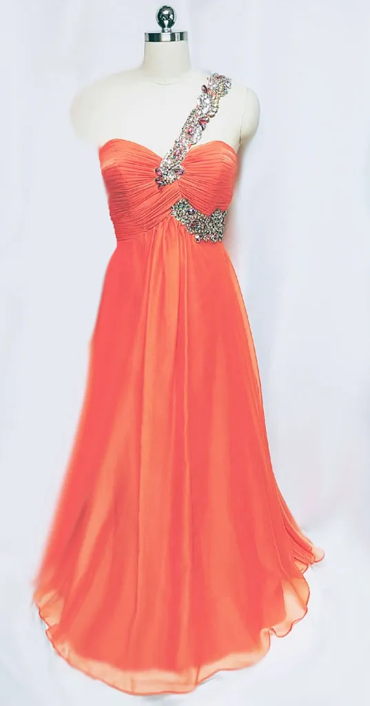 *VINTAGE GLAMOROUS NITE MOVES SPARKLING JEWELED, SEQUIN & BEADED ONE SHOULDER GODDESS EVENING GOWN IN TANGERINE