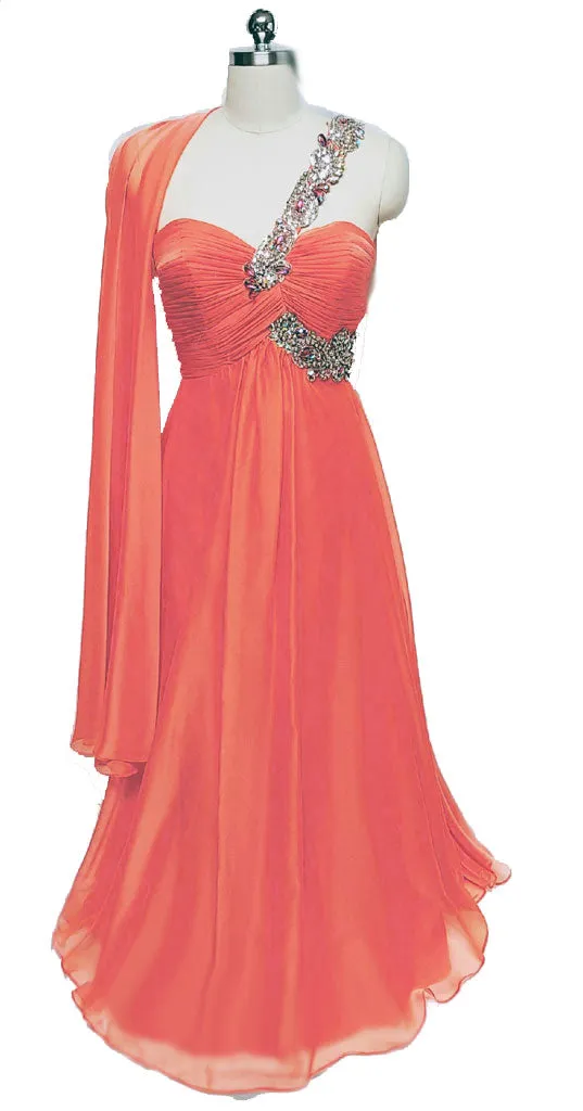 *VINTAGE GLAMOROUS NITE MOVES SPARKLING JEWELED, SEQUIN & BEADED ONE SHOULDER GODDESS EVENING GOWN IN TANGERINE