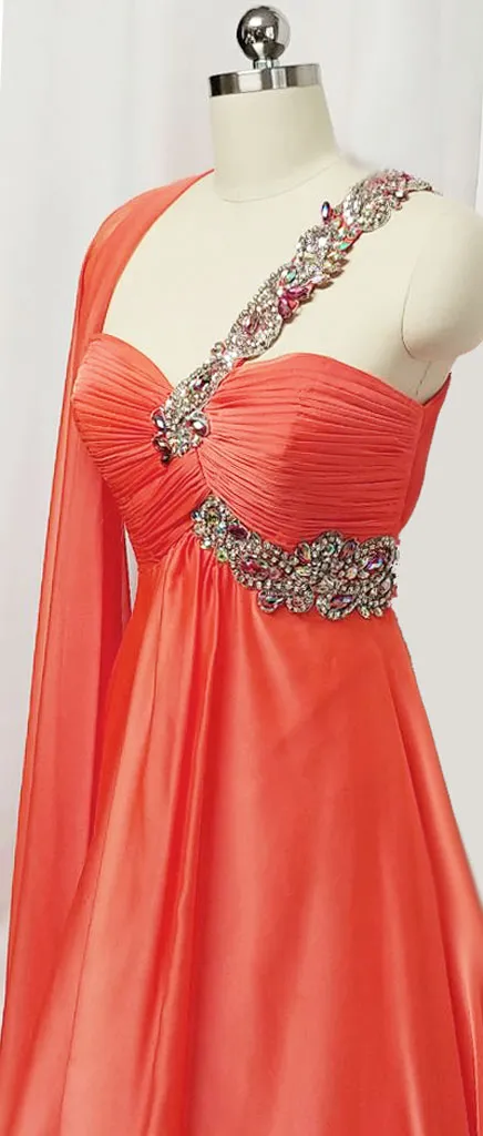 *VINTAGE GLAMOROUS NITE MOVES SPARKLING JEWELED, SEQUIN & BEADED ONE SHOULDER GODDESS EVENING GOWN IN TANGERINE