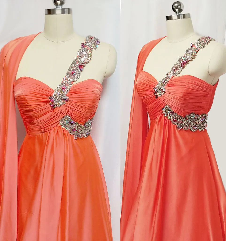 *VINTAGE GLAMOROUS NITE MOVES SPARKLING JEWELED, SEQUIN & BEADED ONE SHOULDER GODDESS EVENING GOWN IN TANGERINE