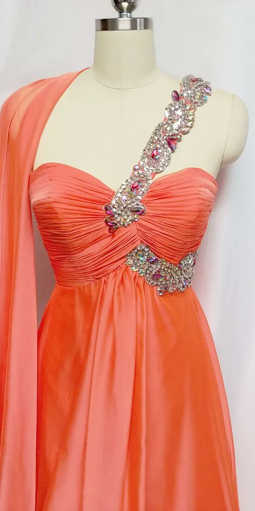 *VINTAGE GLAMOROUS NITE MOVES SPARKLING JEWELED, SEQUIN & BEADED ONE SHOULDER GODDESS EVENING GOWN IN TANGERINE