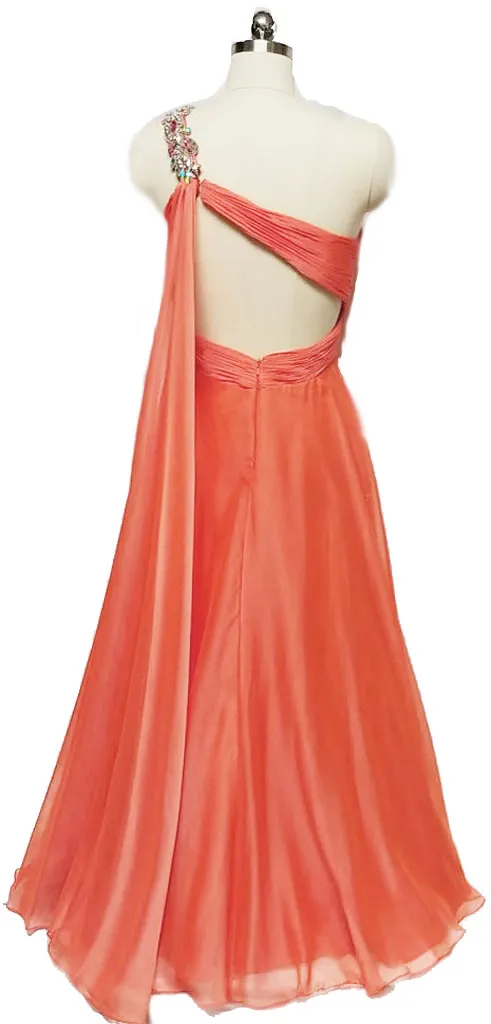 *VINTAGE GLAMOROUS NITE MOVES SPARKLING JEWELED, SEQUIN & BEADED ONE SHOULDER GODDESS EVENING GOWN IN TANGERINE