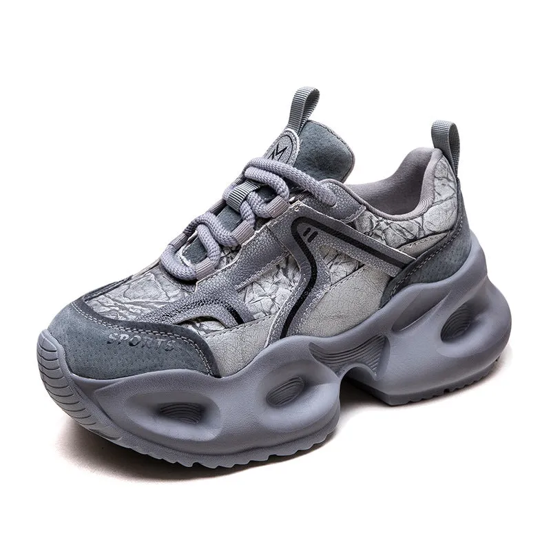 Women Casual Color Matching Leather Chunky Platform Sneakers