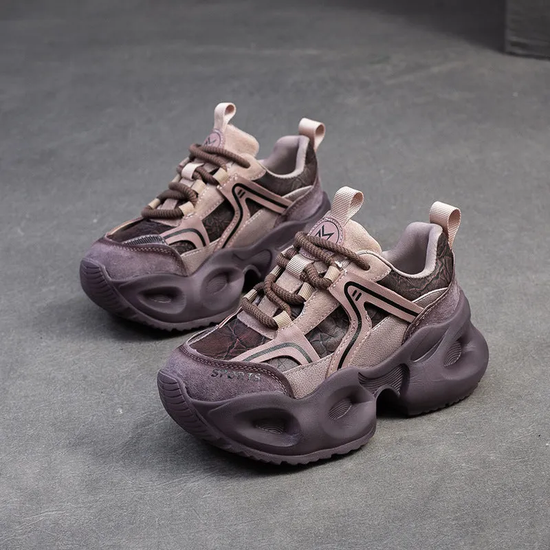 Women Casual Color Matching Leather Chunky Platform Sneakers