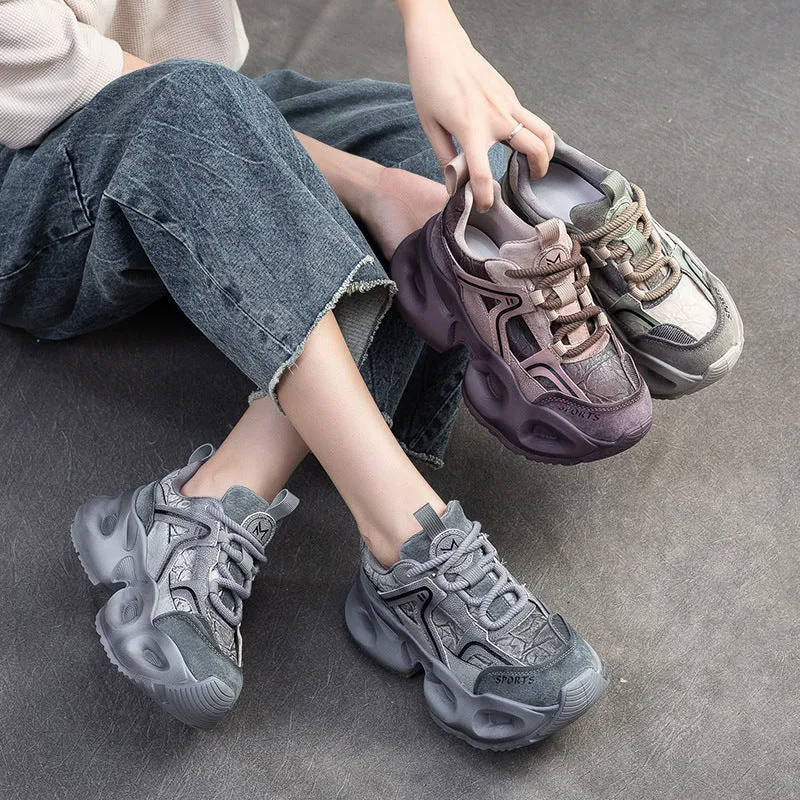 Women Casual Color Matching Leather Chunky Platform Sneakers