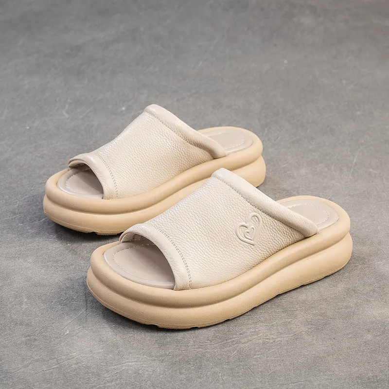 Women Casual Leather Soft Platform Slides Sandals