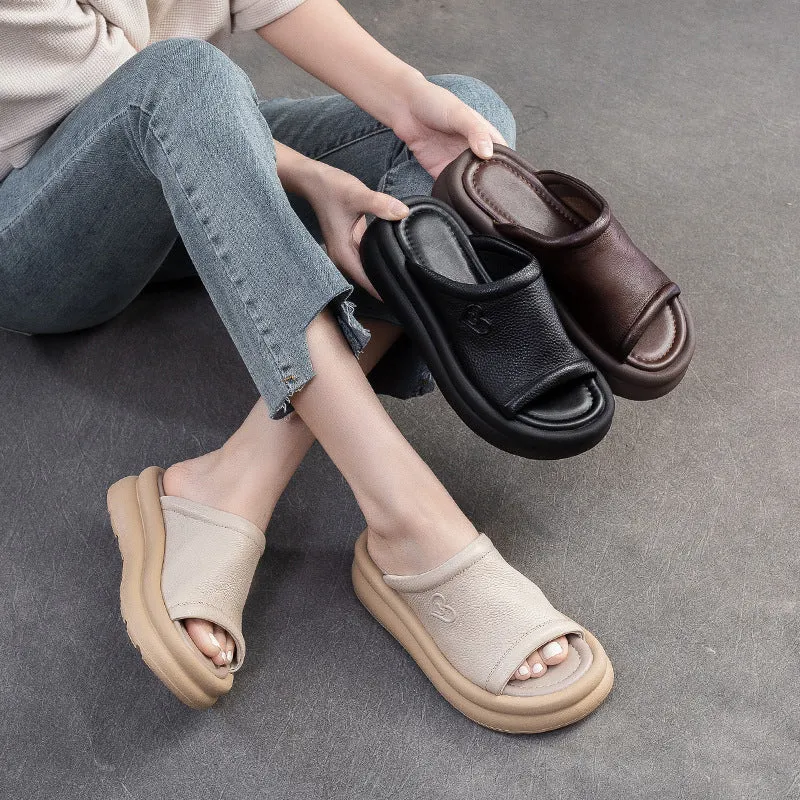Women Casual Leather Soft Platform Slides Sandals