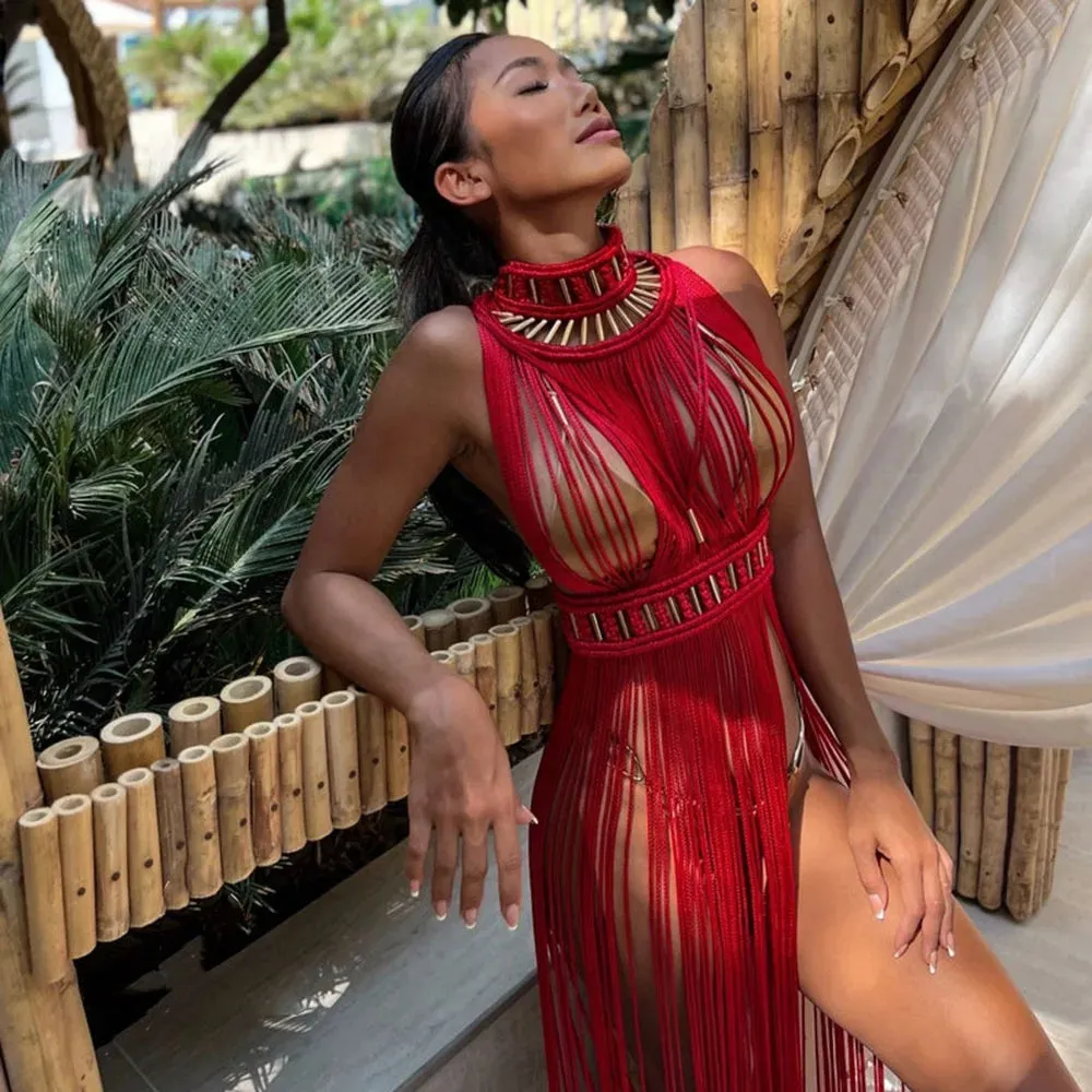 Women's Turtleneck Tassel Sheer Maxi Dress – Sexy Club & Beach Party Outfit