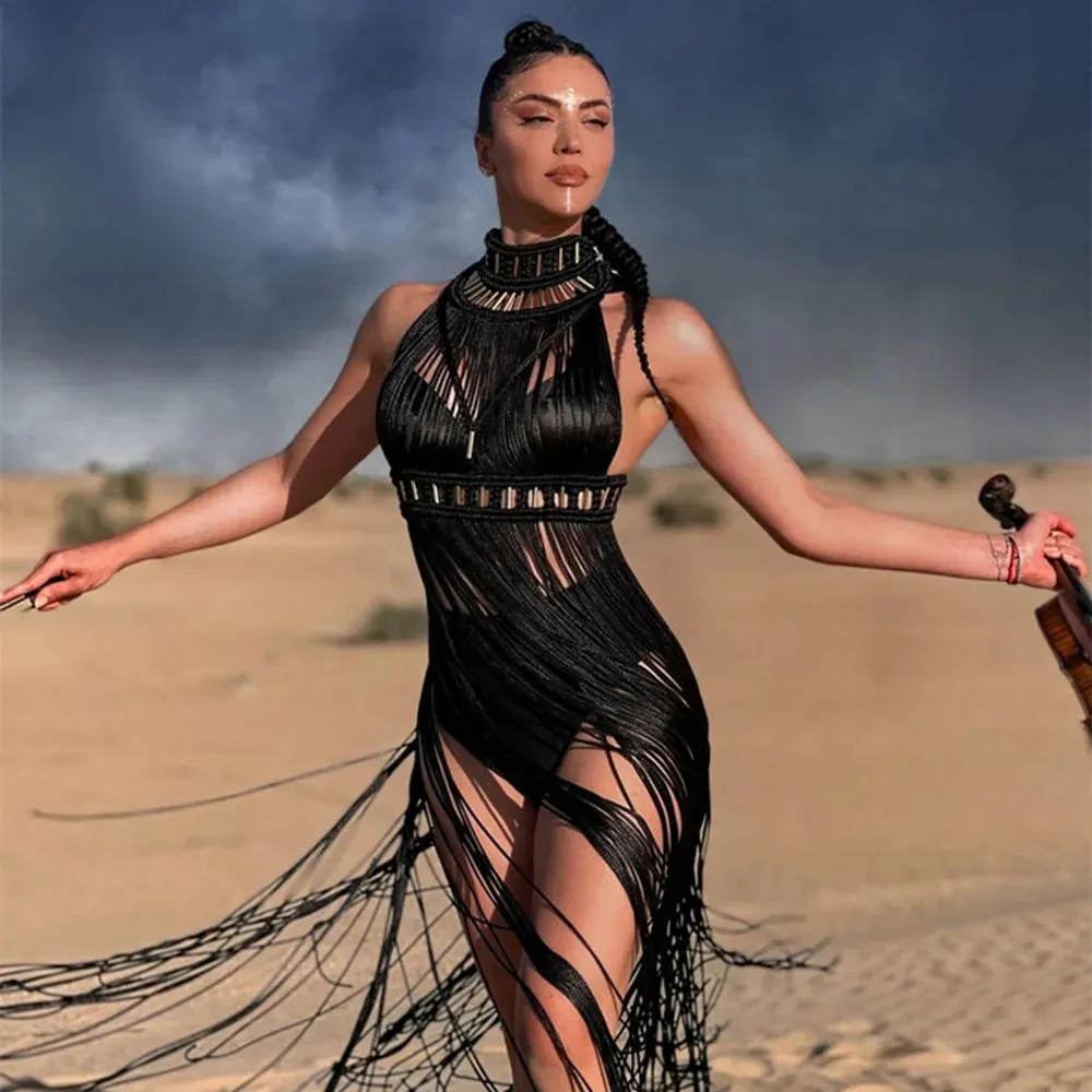 Women's Turtleneck Tassel Sheer Maxi Dress – Sexy Club & Beach Party Outfit